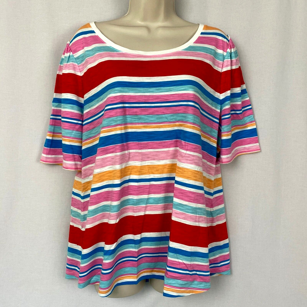 Talbots Top XL Women Rainbow Stripe Slub‎ Knit Puff Sleeve Relaxed Colorful
